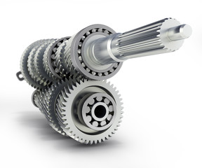 Automotive transmission gearbox Gears inside on white background 3d render with blur