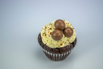 View of white and black cupcake