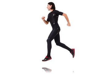 Young man doing exercises isolated on white