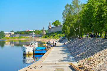 Russia. Pskov. Embankment of the Great river at the walls of the Pskov Kremlin