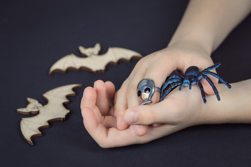 Child hands with skull ring holding a spider, Halloween concept with two wooden cut out bats,...