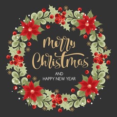 Merry Christmas card calligraphy with hand-drawn decorative frame. Vector illustration in vintage style.