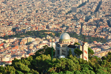 Fototapeta na wymiar Aerial view to Barcelona with Fabra Observatory in the foreground