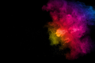 Colorful background of chalk powder. Color dust particles splattered on white background. - obrazy, fototapety, plakaty