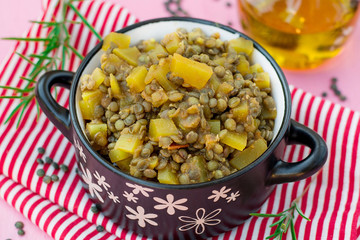 Vegetarian pumpkin lentil curry stew with rosemary