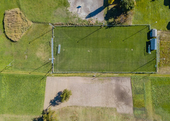 Aerial view of football pitch for soccer games in Switzerland in rural area