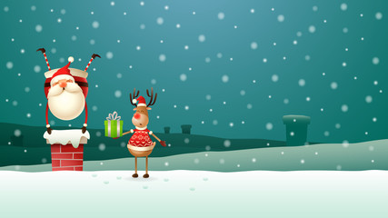 Reindeer helps Santa Claus put down all the gifts down the chimney on the roof - winter night scenery