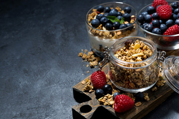 crispy muesli and fresh berries for breakfast on dark background