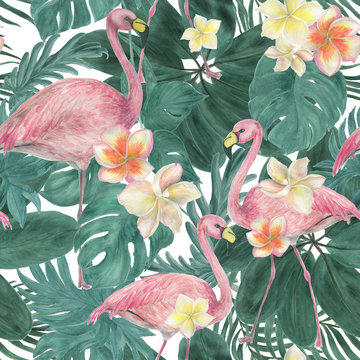 Watercolor painting seamless pattern with tropical leaves and plumeria flowers, flamingo birds
