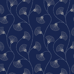 Cream Hand-Drawn Abstract Floral Vector Seamless Pattern on Indigo Background. Art Deco Blooms. Abstract Fan Flowers