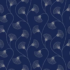 Foto op Plexiglas Bloemenprints Crème handgetekende abstracte bloemen Vector naadloze patroon op Indigo achtergrond. Art Deco bloemen. Abstracte waaierbloemen