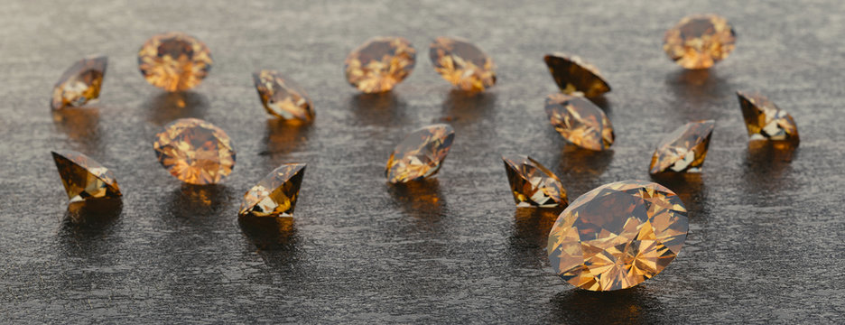 Group Of Yellow Amber Gem Placed On Roughness Background, 3D Rendering.