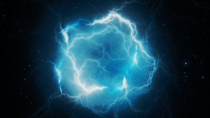 Blue glowing high energy lightning, computer generated abstract background, - obrazy, fototapety, plakaty