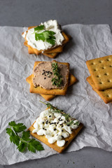 Tasty salted square crackers with cream cheese, cottage cheese, liver pate, seeds and herbs on parchment paper. 