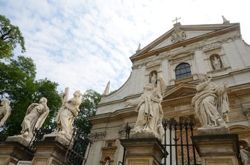 Statues of saints in front of church in Krakow, Poland