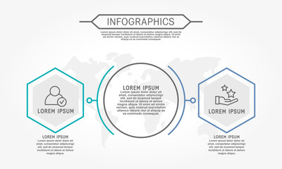 Modern vector illustration 3d. Template of circular infographics with two elements, hexagon. Contains map in the center. Designed for business, presentations, web design, diagrams with 2 steps