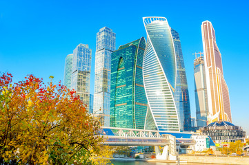 business center, modern skyscrapers of downtown Moscow, sunny autumn day