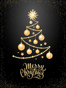 Merry Christmas greeting card or banner template with Handwritten lettering on a black background. Decorative Christmas tree with realistic golden glass balls, stars and sequins. Vector illustration