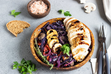Roasted chicken breast and stewed red cabbage with mushrooms and tomatoes.