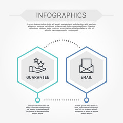 Flat line vector illustration. Infographic template with two elements, hexagons, text. Timeline step by step. Designed for business, presentations, web design, diagrams, training with 2 steps