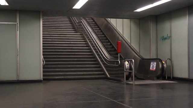 Nobody static footage of empty escalator and staircase at one of metro stations.Vienna,Austria. 