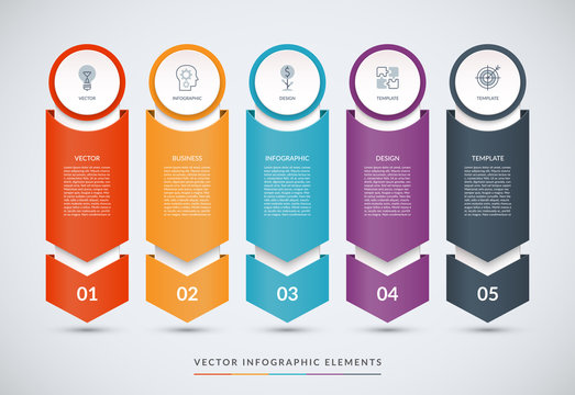 Vector Infographic Design Template In The Form Of Paper Arrows Pointing Down. Can Be Used For Web Design, Diagram, Chart, Graph, Step Options, Business Presentation.