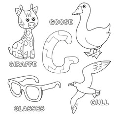 Cute giraffe, goose, glasses, gull letter G in kids alphabet. Hand drawn outline cartoon character and letter for childrens typeface, for baby developing card, kids ABC