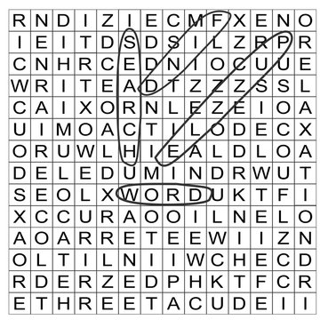 Vector illustration of a word search puzzle grid part completed with circled words