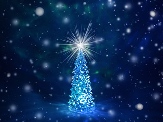 Christmas tree with glowing lights on a garland and a shining star on the crown on a blue Northern Lights background with falling snow. Christmas and New Year`s background with free space for text.
