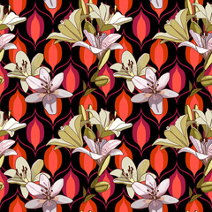 Lilies on vintage seamless pattern.