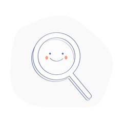 Happy magnifying glass, cute not found symbol, successful search, zoom,  results found while searching. Flat outline vector illustration of loupe or magnifier on white