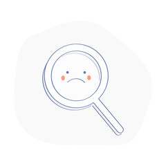 Upset magnifying glass, cute not found symbol, unsuccessful search, zoom, 404 icon, no suitable results, oops, failure concept. Flat outline vector illustration of loupe or magnifier on white - obrazy, fototapety, plakaty