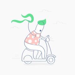 Fototapeta premium Fast shipping, journey or speed transportation. Cute funny man riding delivery scooter or moped on its way to deliver happiness. E-Commerce template