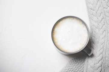 Cup of Coffee and Warm Knitted Sweater or Plaid, Winter Cozy Still Life Concept