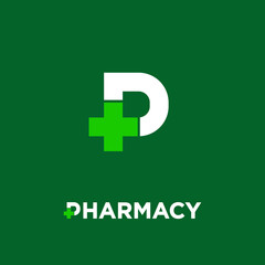 Obraz premium Pharmacy logo. Letter P with pharmacy cross icon, isolated on a dark-green background. Letter P and medical cross. Drugstore, apothecary icon.