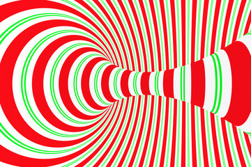 Christmas festive red and green spiral tunnel. Striped twisted xmas optical illusion. Hypnotic background. 3D render illustration.