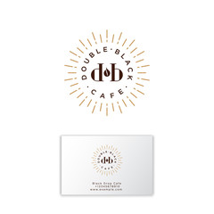Double black cafe logo. Coffee emblem. D and B letters with sunrays and coffee been. Hipster flat logo. Identity. Business card.