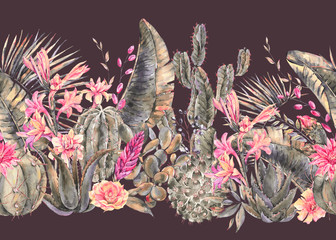 Exotic natural vintage watercolor blooming cactus seamless borde