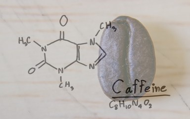 Chemical formula of Caffeine with roasted coffee spill out of cup on white background.