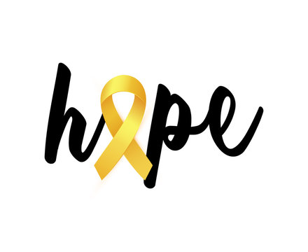Hope text with Realistic golden Ribbon card to Childhood Cancer Awareness Month.
