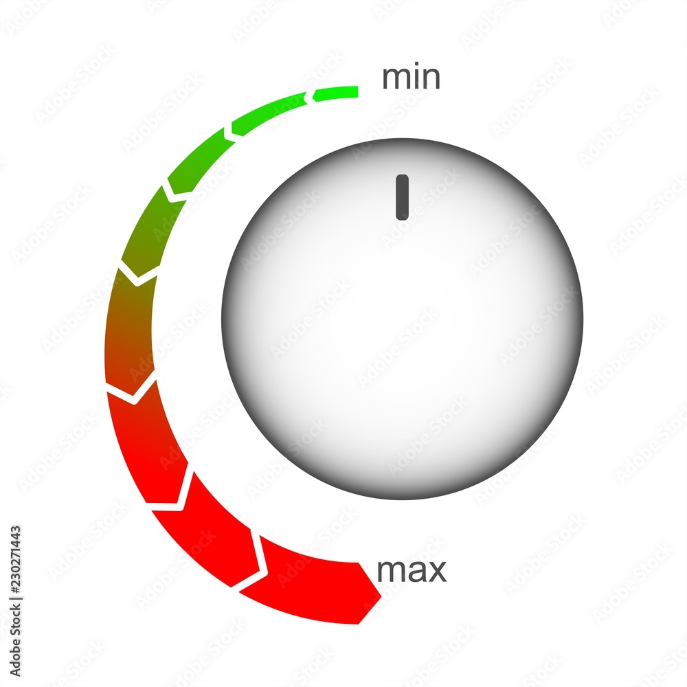 Aufkleber minimum to maximum controls. control knob used for regulating. flat icon on white background.