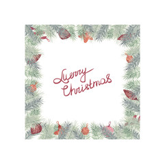 Christmas watercolor frame with winter flowers, twigs and toys.
