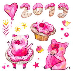 Cute pig with creative 2019 New Year lettering. Symbol of the year in the Chinese calendar. Watercolor illustration for postcard.