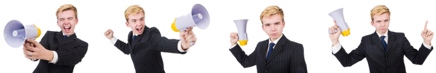 Young man with loudspeaker on white 