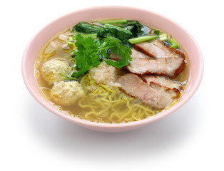 bami nam, egg noodles soup served with roast pork, thai food