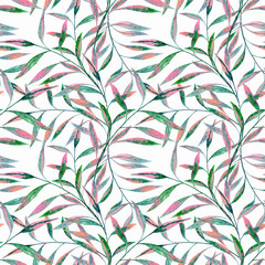 Seamless watercolor pattern. Pink, green leaves, twigs on white. 