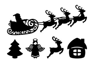 Silhouettes of Santa Claus flying in a sleigh with reindeers, angel, house and tree. Set of Christmas decorations on a white background. Winter decor for New Year. Vector image.