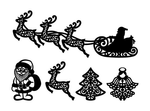 Silhouettes of Santa Claus flying in a sleigh with reindeers, angel and tree. Set of Christmas decorations on a white background. Winter decor for New Year. Vector image.