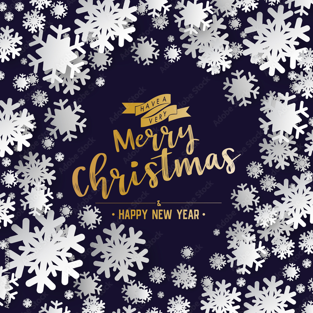 Poster Colours paper cut of vector snowflake on gradient colours ornate background with merry christmas phase text