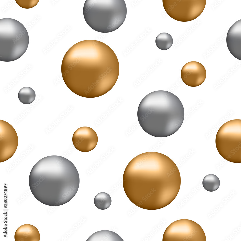 Poster seamless pattern with 3d gold and metal circle balls on background. vector illustration.